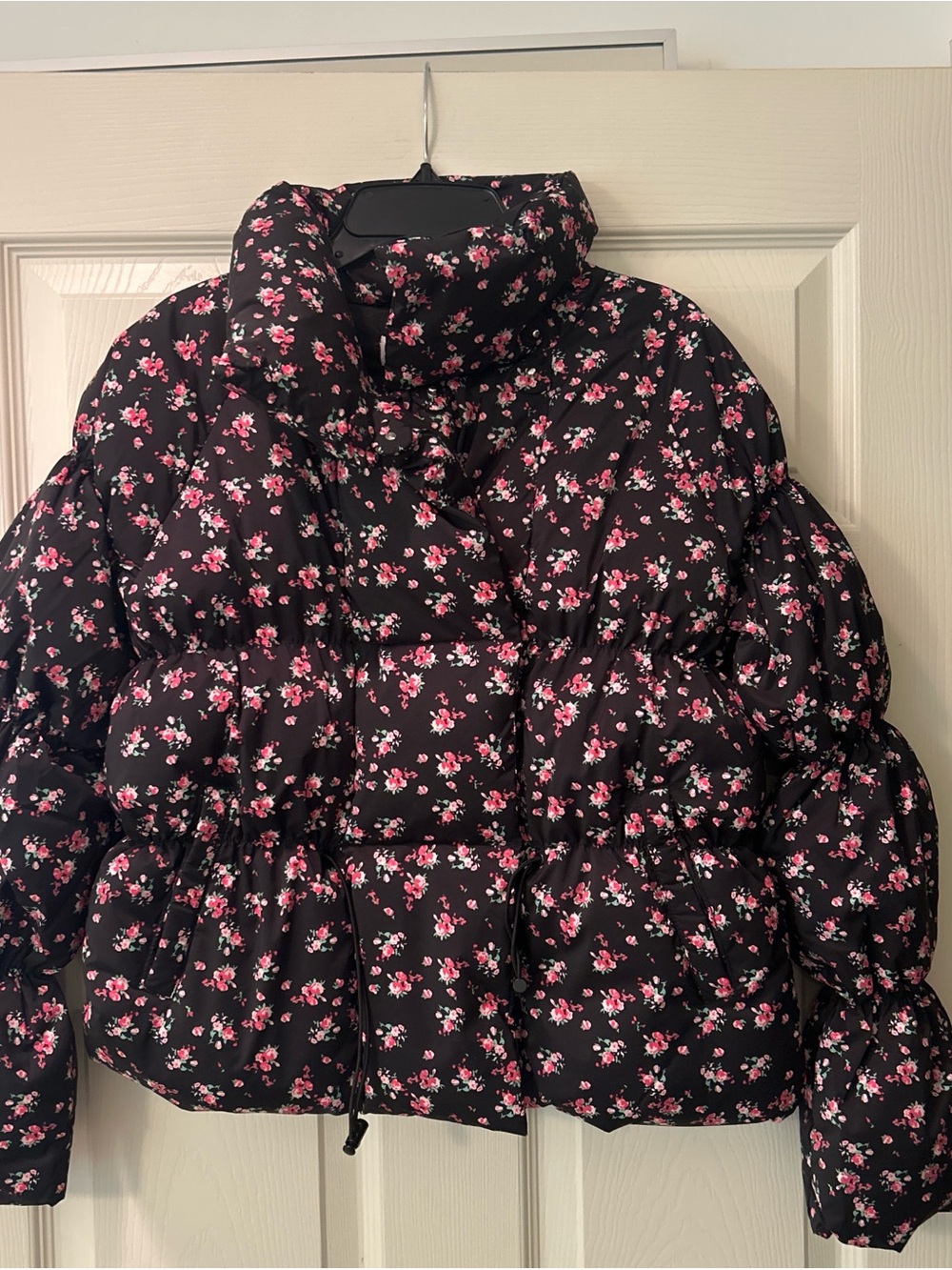 Something Navy Black Puffer Jacket with Pink Floral Print